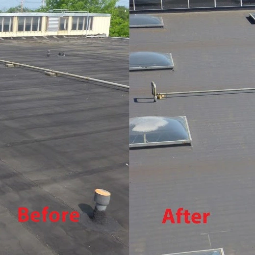 before and after photo showing the flat roof replacement process on building in New Jersey