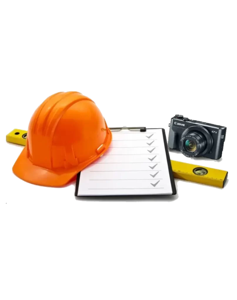 A graphic with a hardhat, a clipboard with a checklist, a level and a 35mm camera.