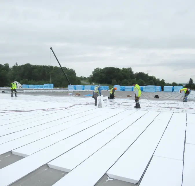 A Vanguard Roofing crew installing a new flat commercial roof.