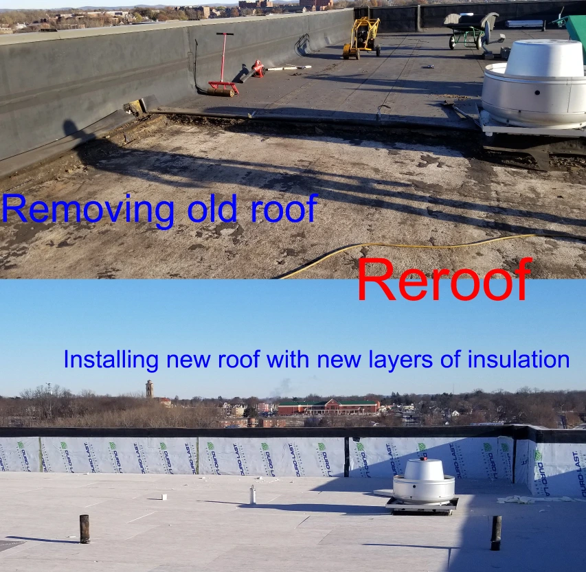 Before and after photos of a commercial roof installation in Springfield, MA.