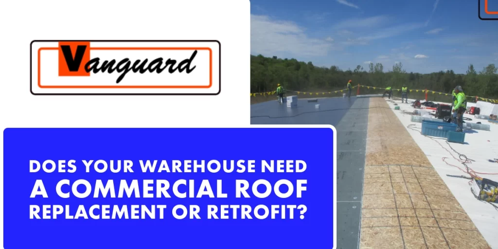 Marketing image asking about commercial roof replacement with Vanguard logo