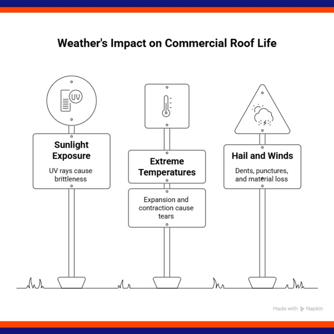 Chart showing how sunlight, extreme temperatures, hail, and wind impact commercial roof lifespan