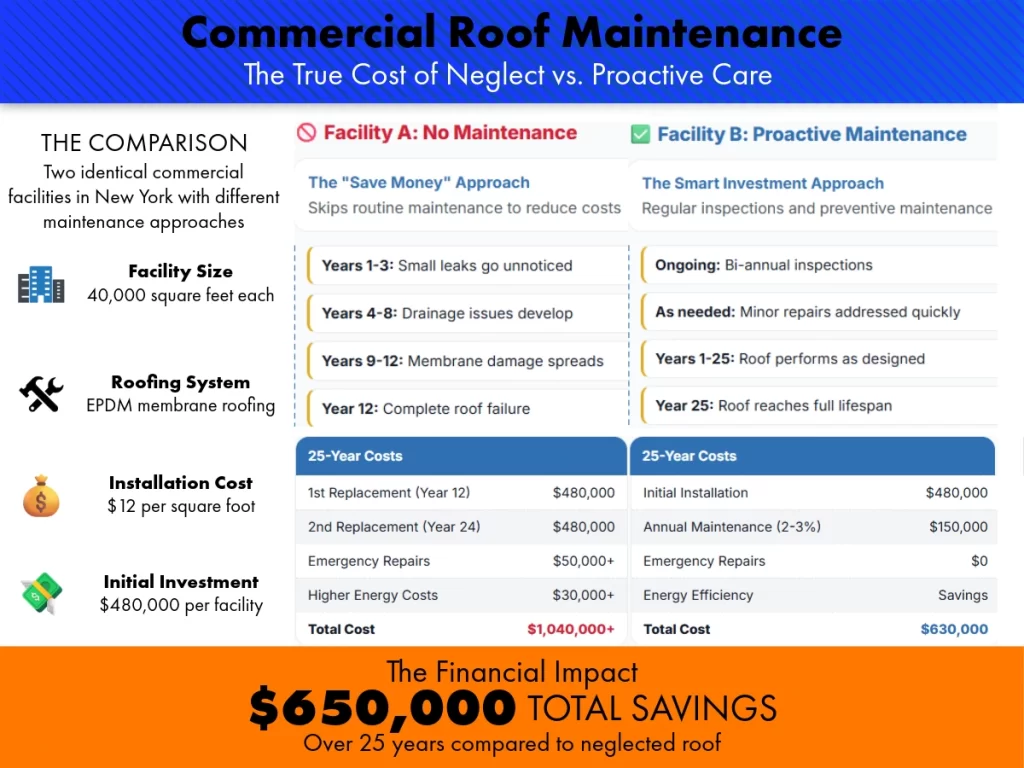 Infographic comparing proactive roof maintenance vs. neglect, showing a $650,000 savings over 25 years.