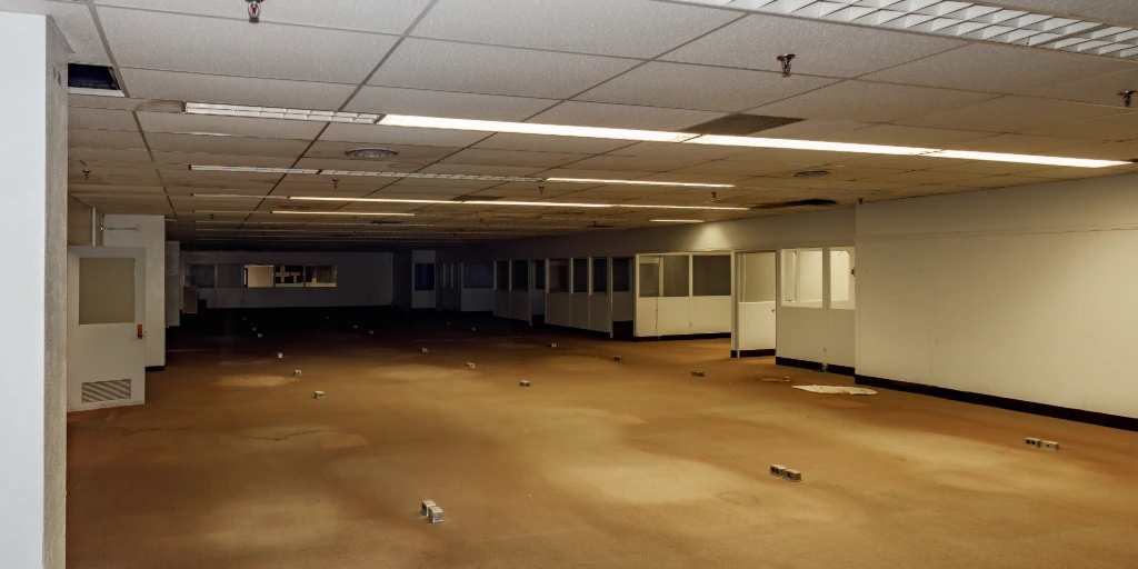 Empty commercial building interior showing ceiling tiles and fluorescent lighting with visible signs of potential water damage from a roof leak.