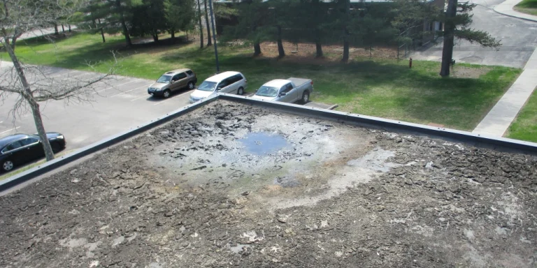 Aerial view of a commercial flat roof showing ponding water near the center, with a parking lot and trees visible below.
