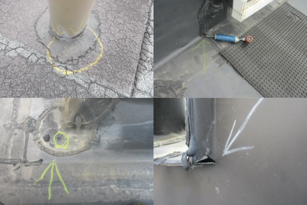 Collage of four close-up roof inspection photos showing pipe boot cracking, flashing separation, a corroded penetration, and a failing seam, each marked for repair.