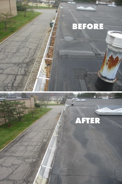 Before and after photos of a commercial roof gutter cleared of debris.