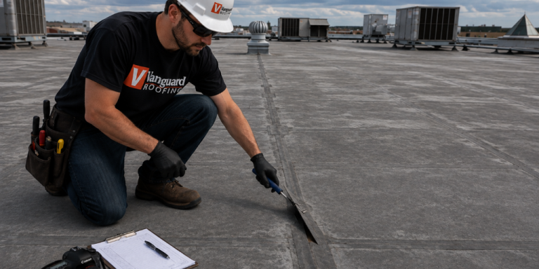 Vanguard Roofing technician inspecting a seam on a commercial flat roof during a maintenance visit.