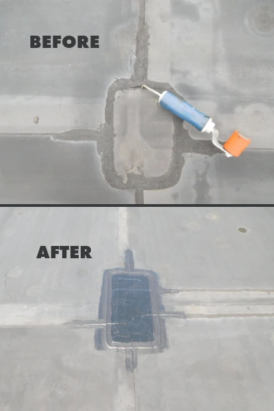 Before and after photos of a flat roof penetration sealed during a repair.